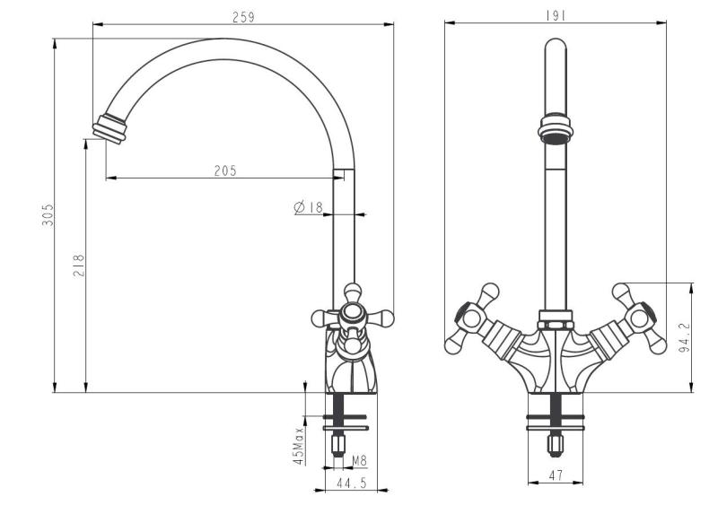Aquanello Heritage Ascot Torneira de cozinha clássica nostálgica cromada com bico redondo CR-4003-HA