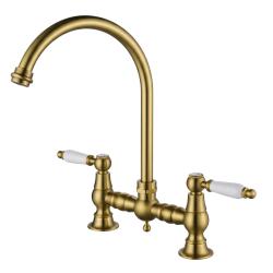 Aquanello Heritage Manor Torneira de cozinha clássica com estilo nostálgico, em bronze, com manípulo branco e bico redondo BN-0011-HM
