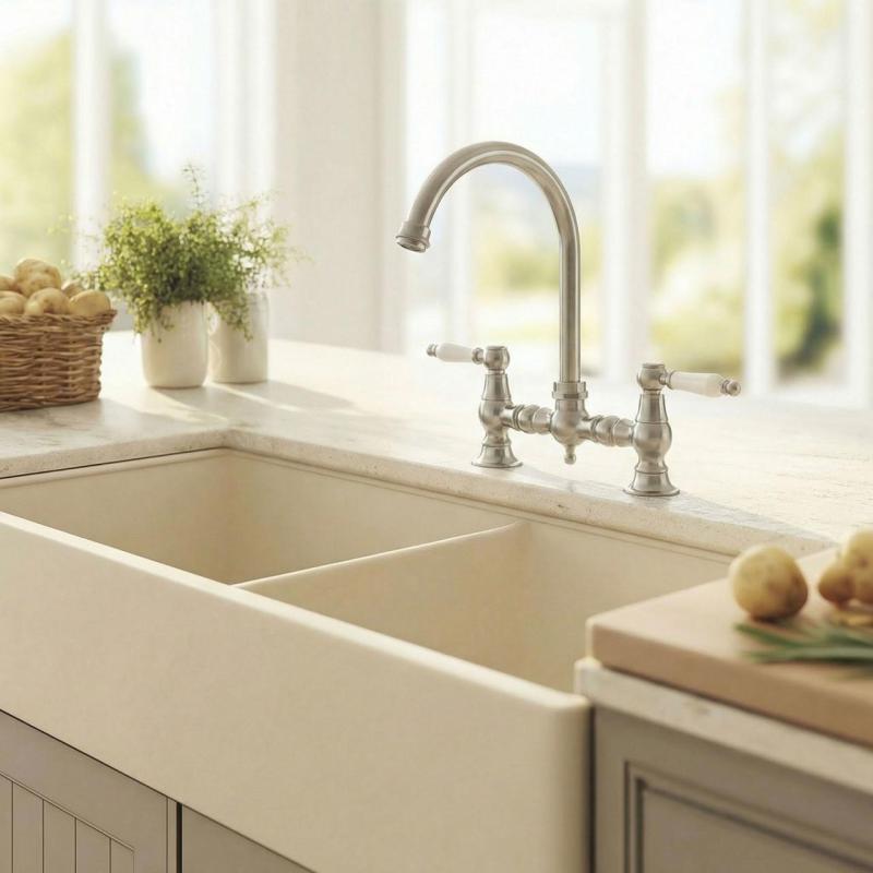 Aquanello Heritage Manor Torneira de cozinha clássica nostálgica em aço inoxidável com alavanca branca e bico redondo NB-0011-HM