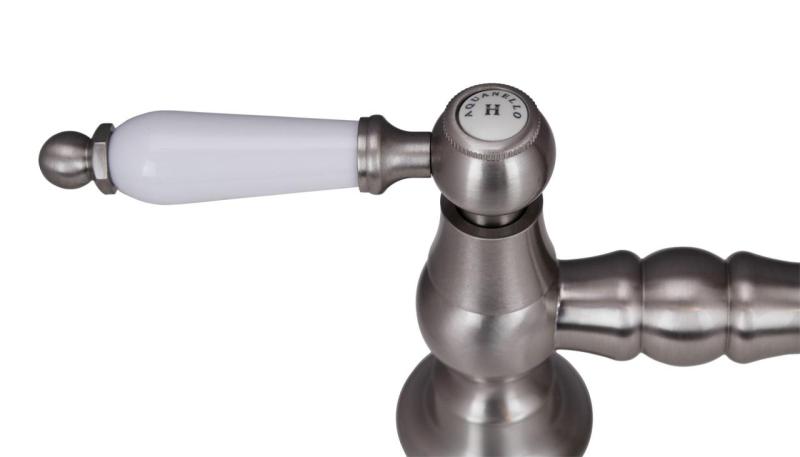 Aquanello Heritage Manor Classic Kitchen Nostalgic Bridge Kitchen Faucet Stainless Steel with White Handle and Round Spout NB-4001-HA