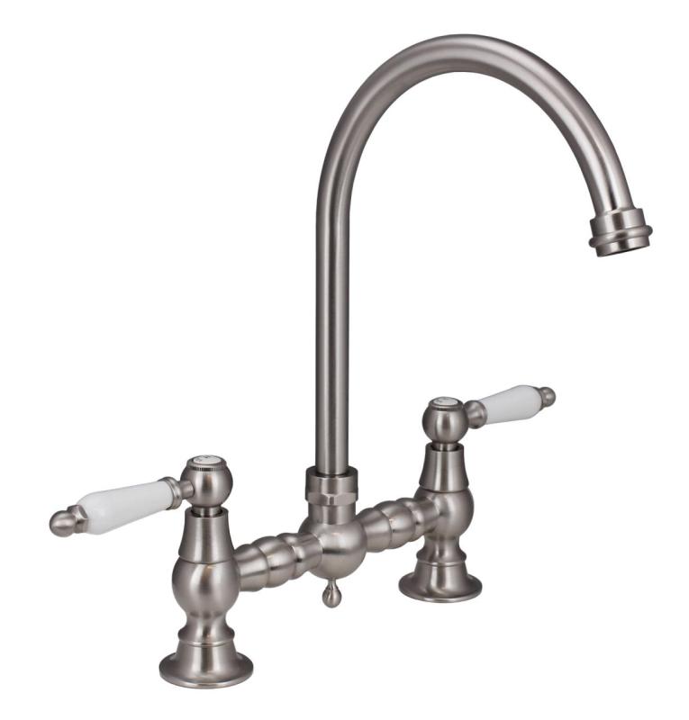 Aquanello Heritage Manor Classic Kitchen Nostalgic Bridge Kitchen Faucet Stainless Steel with White Handle and Round Spout NB-4001-HA