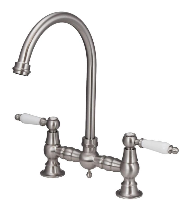 Aquanello Heritage Manor Classic Kitchen Nostalgic Bridge Kitchen Faucet Stainless Steel with White Handle and Round Spout NB-4001-HA