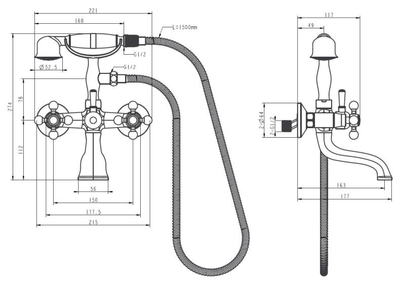 Aquanello Heritage Ascot Torneira clássica para banheira com botões estrela em aço inoxidável, incluindo chuveiro de mão NB-3002-HA