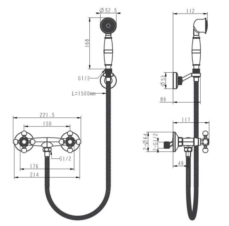 Aquanello Heritage Ascot Conjunto clássico de torneira de chuveiro com botões em forma de estrela em aço inoxidável, incluindo chuveiro de mão NB-2002-HA