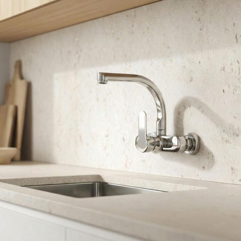 Aquanello Casa Torneira de cozinha de parede com bico superior cromado CR-1003-CS