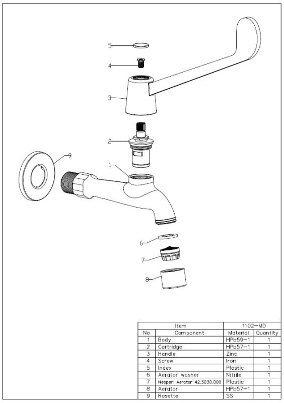 Aquanello Medic Torneira de água fria de parede com manípulo longo, cromada CR-1102-MD