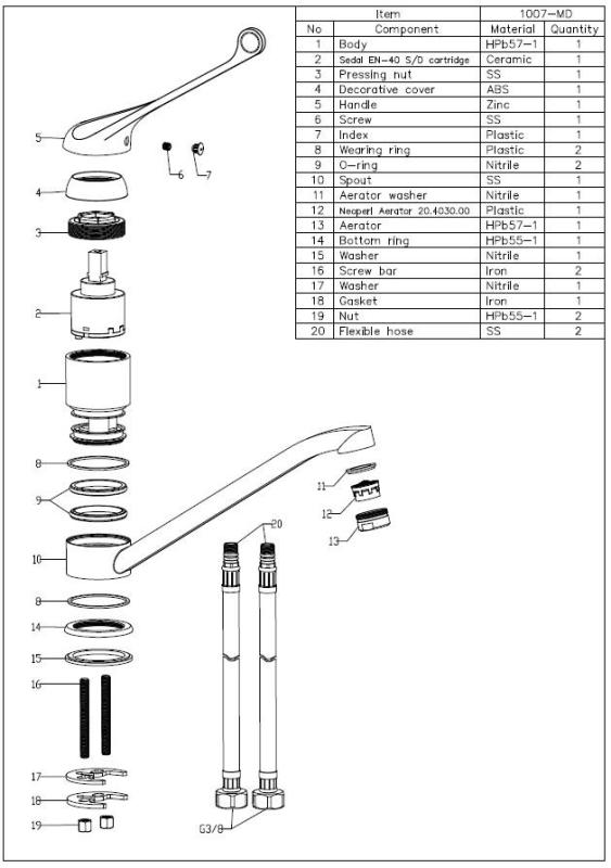 Aquanello Medic Torneira de cozinha com alavanca longa  Cromada CR-1007-MD