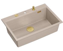 Quadri Hard Rock Pia de granito bege de encastrar, grande, 76 x 50 cm, incluindo tampão dourado e acessórios 1208972701