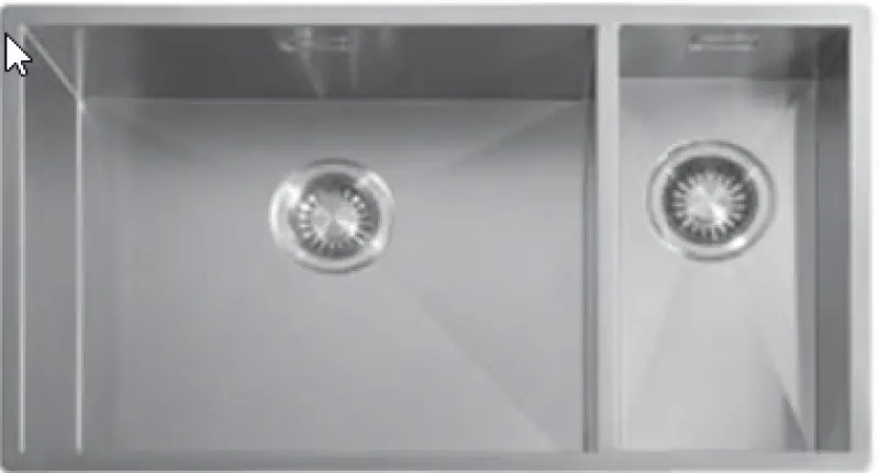 ABK Baronga grande pia dupla de 1,5 em aço inoxidável 50x40+20x40 cm para instalação nivelada, embutida e sobreposta BAR5020FVI